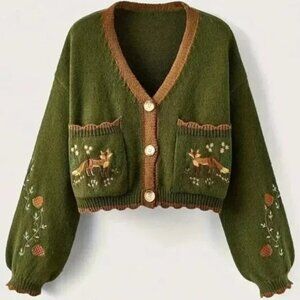 Button Up Fox Nature Army Green Cardigan With Pockets